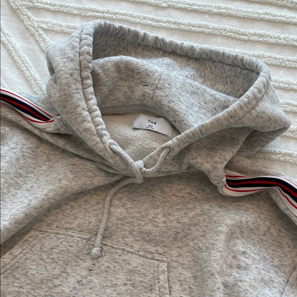 TNA Gray Hoodie with Red-White-Blue Ribbon Trim